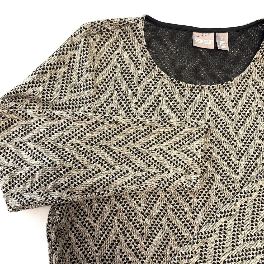 Chico's Knit Top Tan Black Chevron  Long Sleeve Round Neck Chico sizing 2 Medium